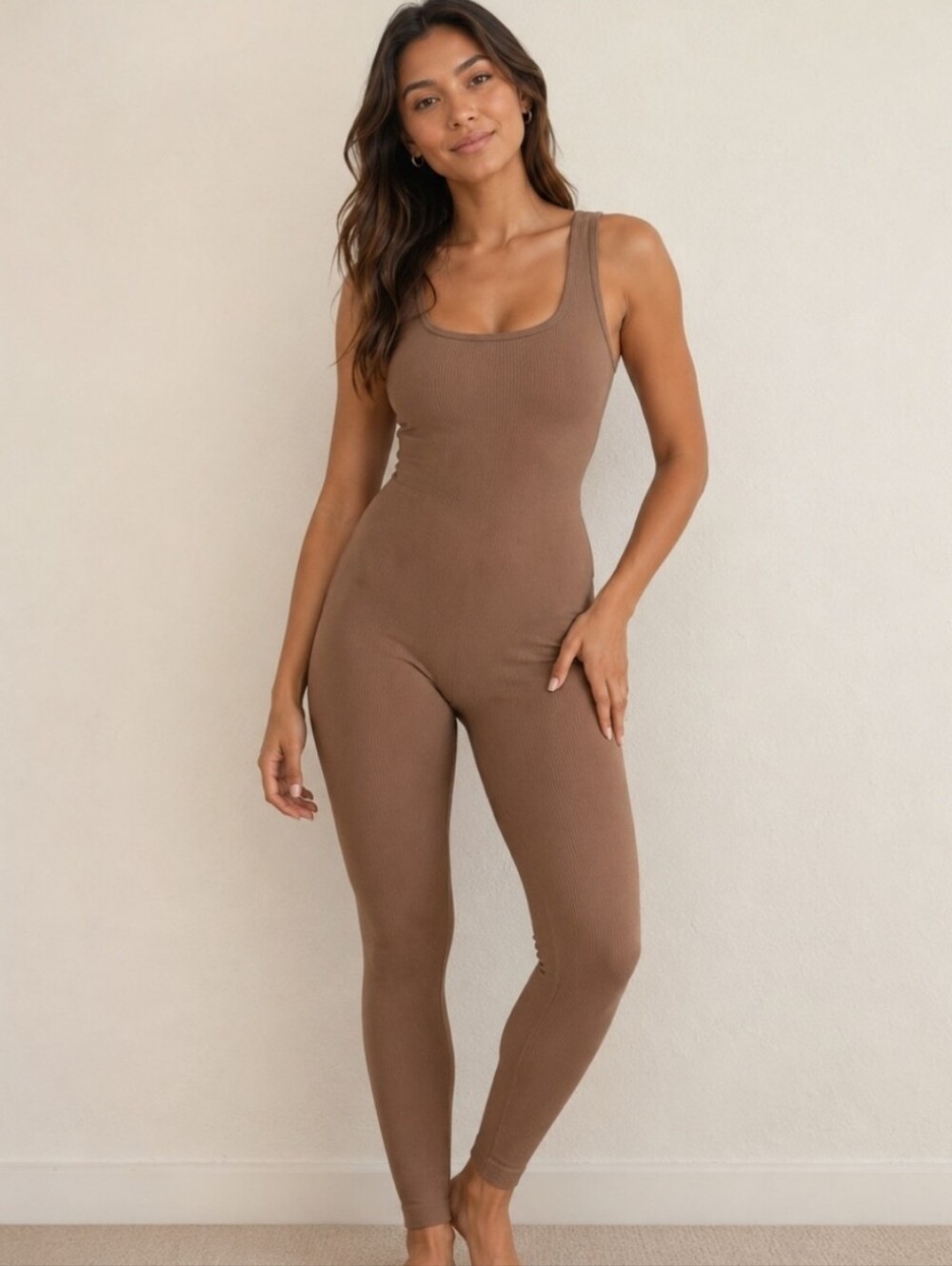 Women's Ribbed Scoop Neck Jumpsuit - Brown
